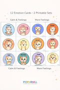 PopnRoll printable emotion cards bundle showing 12 cat emotion cards from two sets: Calm & Feelings and More Feelings.

