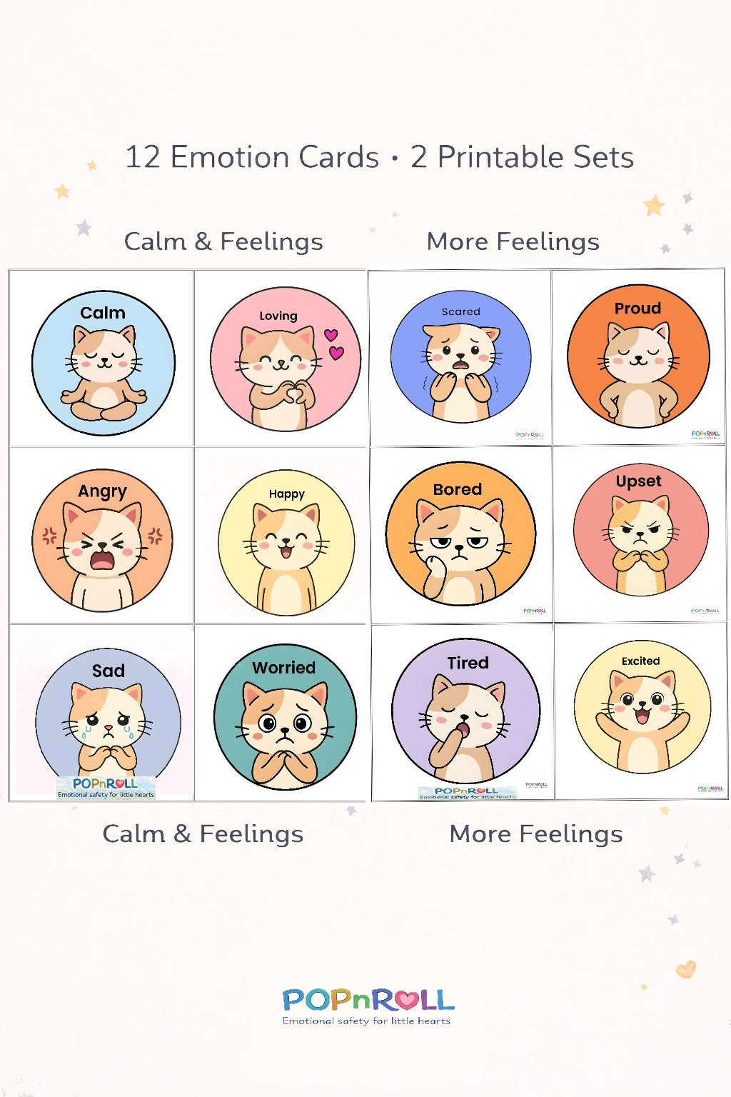 PopnRoll printable emotion cards bundle showing 12 cat emotion cards from two sets: Calm & Feelings and More Feelings.

