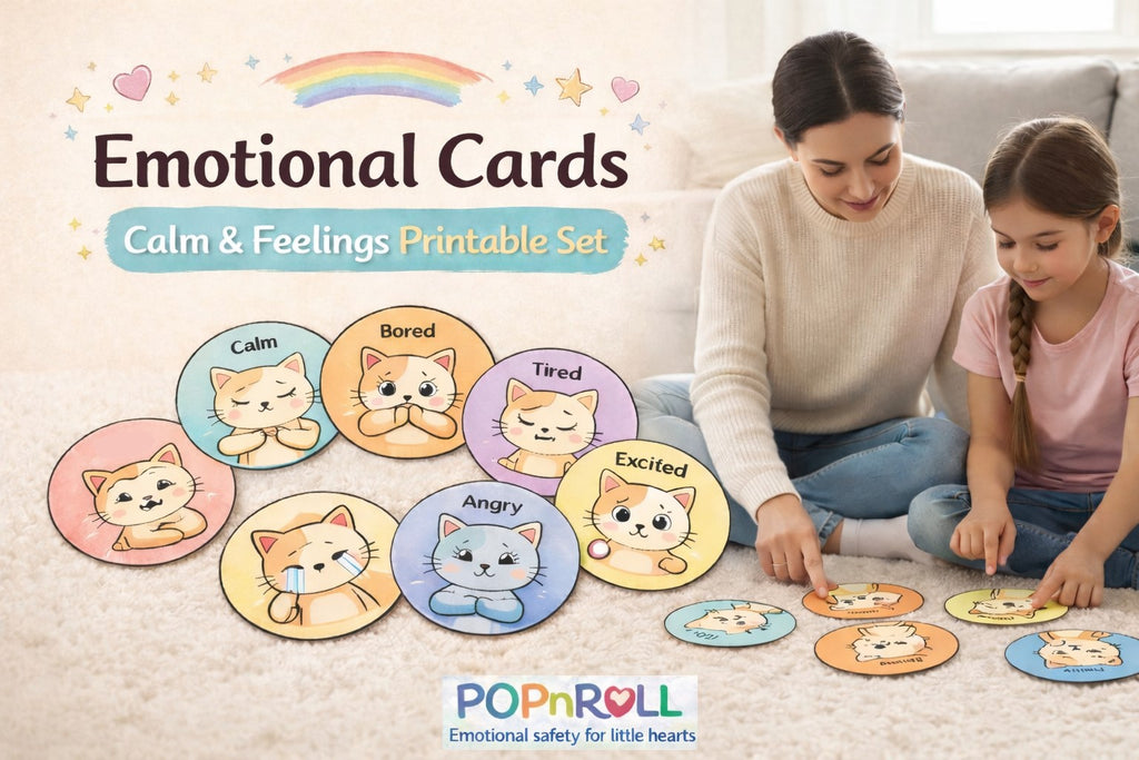 Printable emotion cards for kids featuring six cartoon cats showing calm, happy, angry, sad, worried and loving feelings
