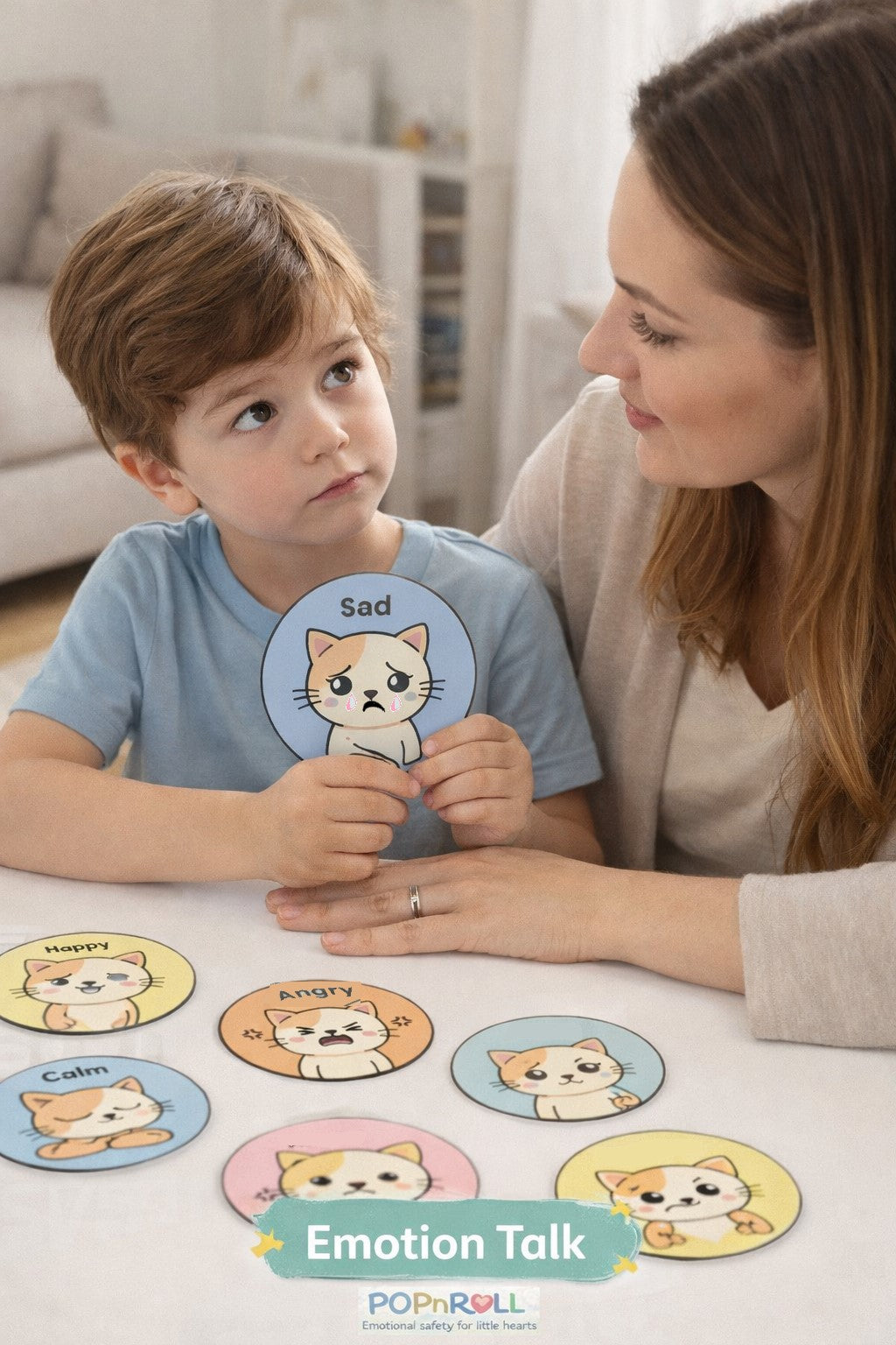 Parent and child using printable emotion cards to talk about feelings in a calm and supportive way
