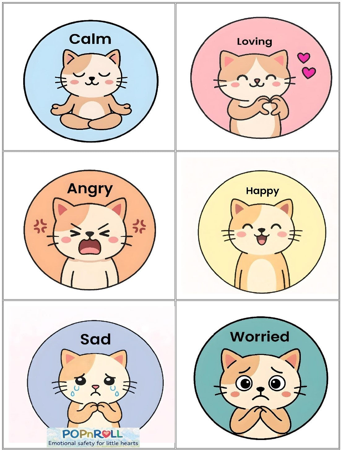 Set of six printable emotion cards with cartoon cats showing calm, happy, angry, sad, worried and loving feelings
