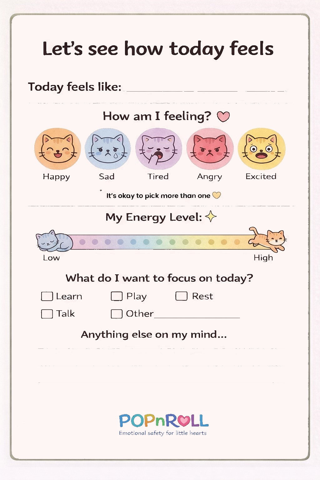 Daily Feelings Check-In (Printable) | Kids Emotions &amp; Energy Tracker