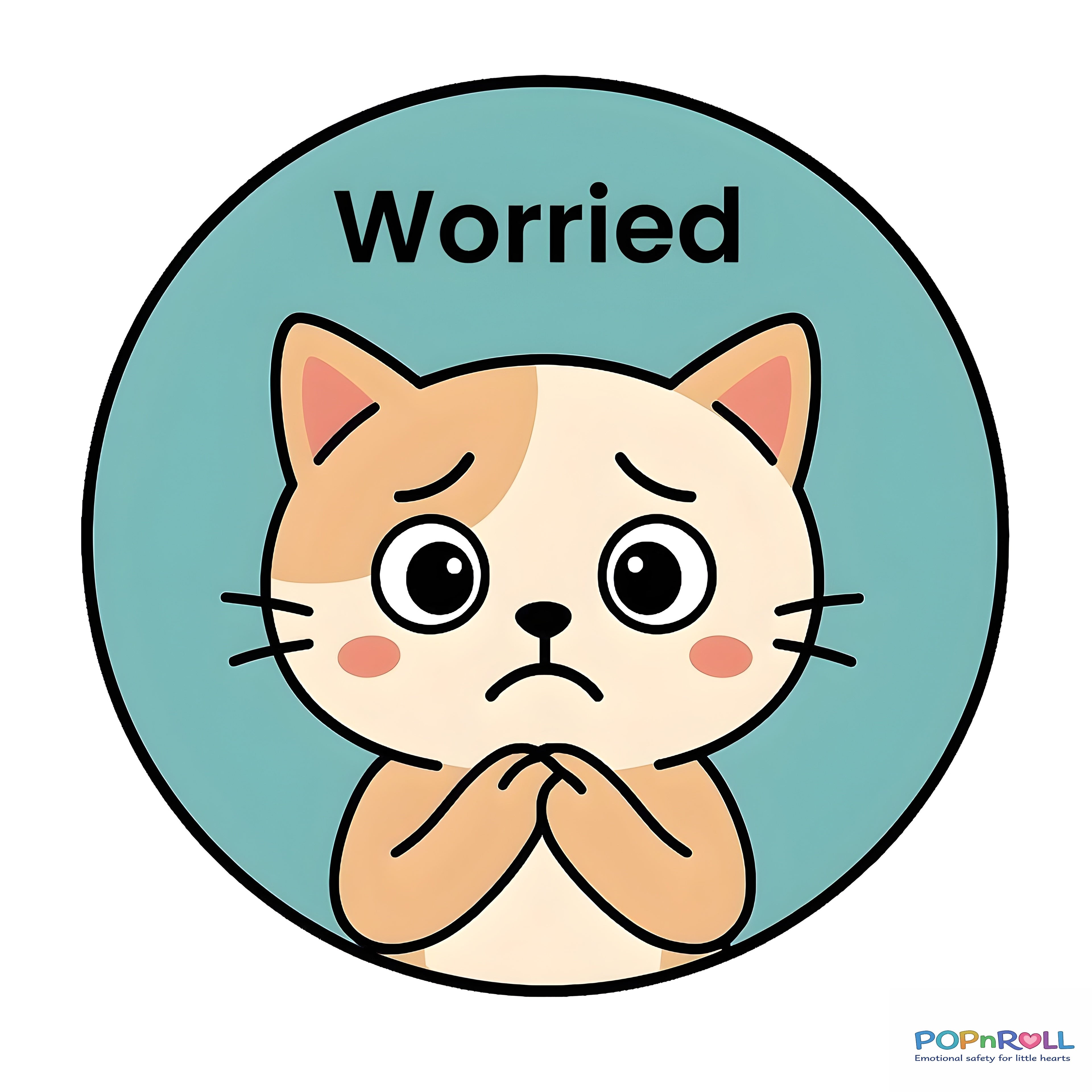 Close-up of a printable emotion card with a cartoon cat showing a specific feeling
